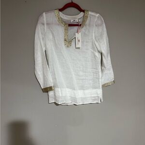 Vineyard Vines White and Gold Blouse with Gold Embroidery